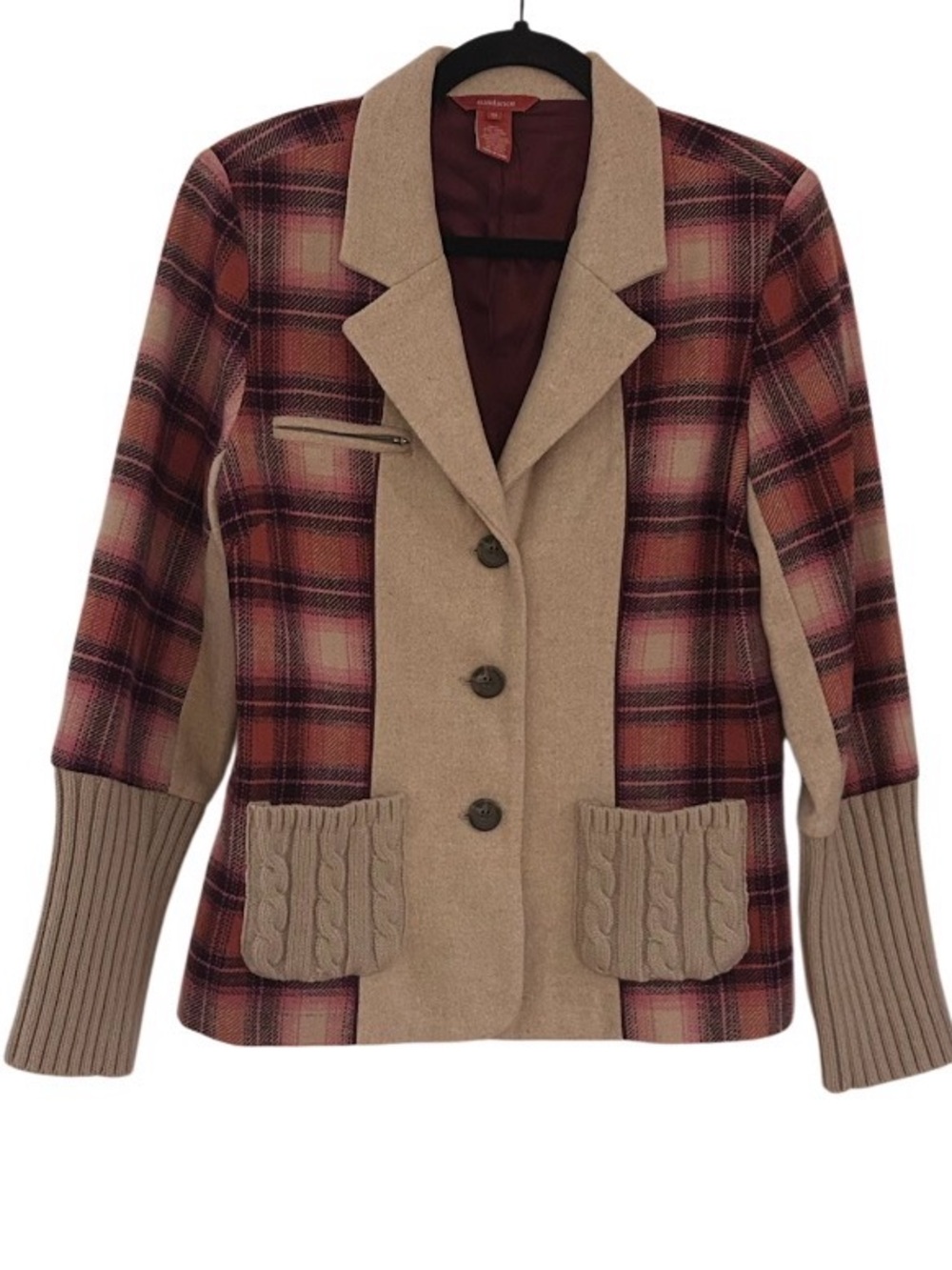Sundance Blazer Size 10 Wool Blend Mixed Media Red Tan